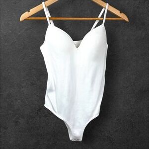 Ribbed‎ Thong Bodysuit Womens Size M/L White Stretch Padded Capsule Wardrobe